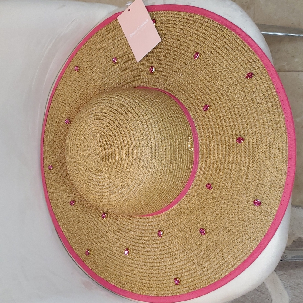 🎉HP🎉Juicy Couture 💖NWT💖 Straw Hat with Pink Ribbon Trim & Pink Gemstones! - Picture 10 of 12